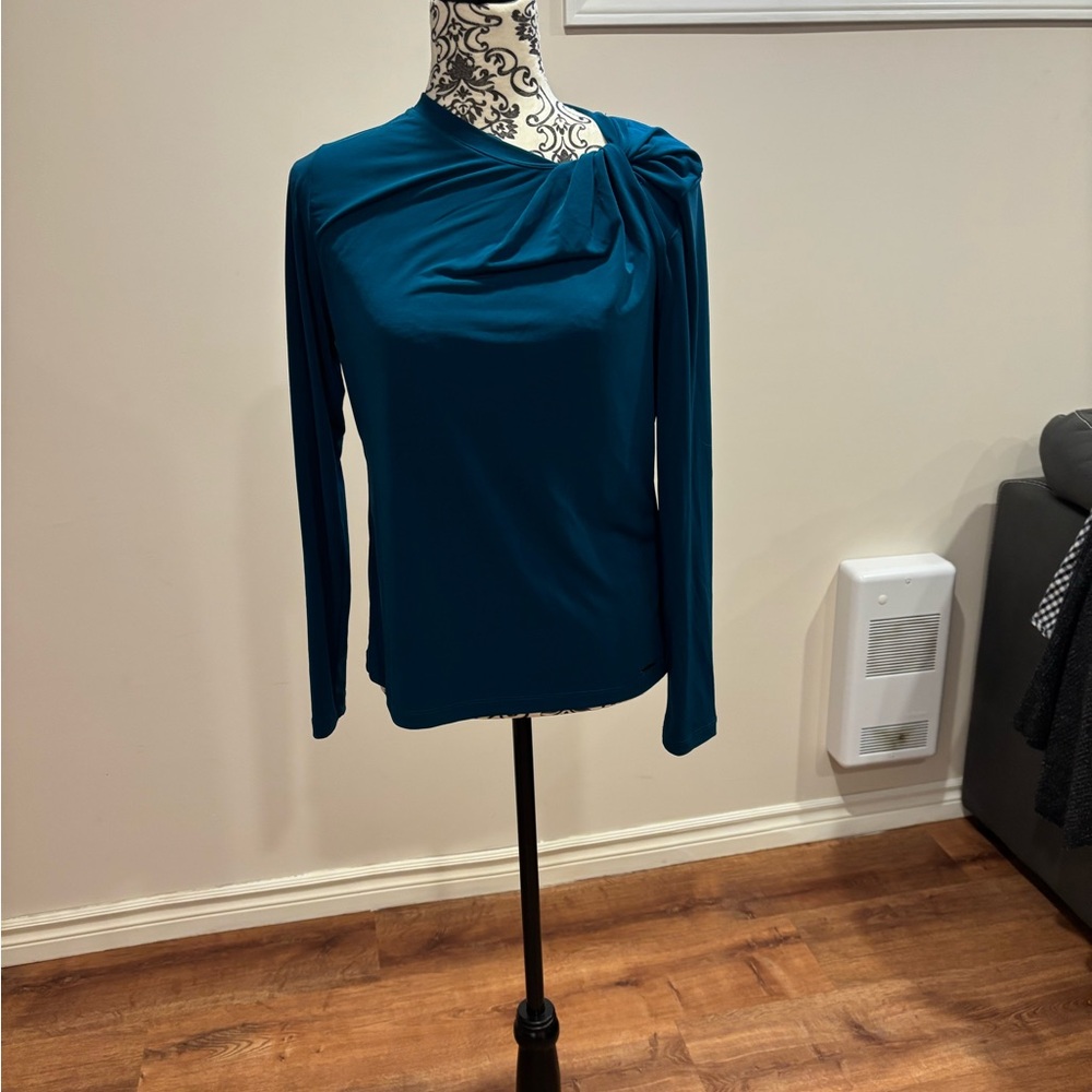 Calvin Klein Teal Blouse with Unique Shoulder Detail